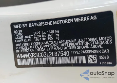 2020 Mini Cooper z USA, uszkodzony, nr VIN WMWXR3C03L2L87540